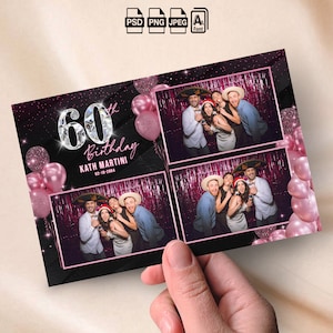 Schwarz & Pink Geburtstag Photobooth Vorlage Stilvolle Elegante 4x6 Postkarten Dreifach-Fotoautomat Overlay Sweet 16 Party Rose gold glitzert Hochzeit