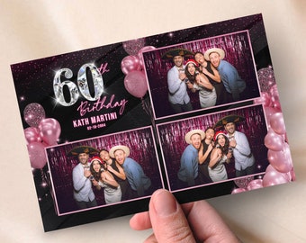 Black & Pink Birthday Photobooth Template Stylish Elegant 4x6 Postcard Triple photo booth overlay Sweet 16 Party Rose gold glitters wedding