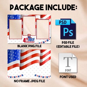 Puede incluir: Una descarga digital para un marco de cabina de fotos del 4 de julio. El marco es un fondo blanco con estrellas rojas, blancas y azules y una pancarta que dice "4th of July Happy Independence Day". La descarga incluye un archivo PNG en blanco, un archivo PSD y un archivo de fuente.