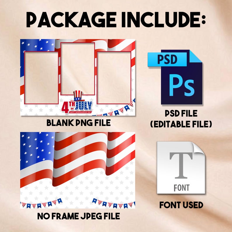 Puede incluir: Una descarga digital para un marco de cabina de fotos del 4 de julio. El marco es un fondo blanco con estrellas rojas, blancas y azules y una pancarta que dice "4th of July Happy Independence Day". La descarga incluye un archivo PNG en blanco, un archivo PSD y un archivo de fuente.