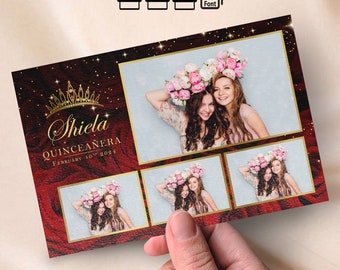 Quinceañera Photo Booth Template Red and Gold PSD, PNG, Easy 100% Editable Files 4X6 Sweet 16 Photobooth Overlay Birthday Photo booth frame