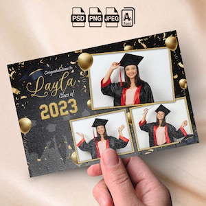 Modèle de photomaton noir et or pour l'obtention du diplôme Carte postale 4 x 6 élégante et élégante Modèle triple photomaton pour l'obtention du diplôme, superposition de photos