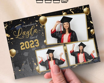 Black & Gold Graduation Photobooth Template Stylish Elegant 4x6 Postcard Triple photo photo booth template Graduation Party Photo Overlay