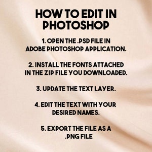 Puede incluir: Una gu&iacute;a paso a paso sobre c&oacute;mo editar un archivo .PSD en Adobe Photoshop. Los pasos incluyen abrir el archivo, instalar fuentes, actualizar la capa de texto, editar el texto y exportar el archivo como un archivo .PNG.