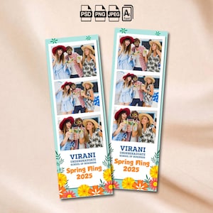 May include: A photo booth strip design template with a blue and green background. The template features a floral border with orange and yellow flowers. The text "VIRANI UNDERGRADUATE SCHOOL OF BUSINESS Spring Fling 2025" is displayed on the template.