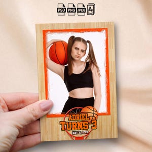 Plantilla de fotomatón de baloncesto Plantilla de fotomatón de cumpleaños Marrón naranja Tira de 4x6 Superposición Postal de primer cumpleaños Tema deportivo Fiesta infantil
