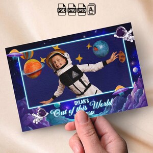 May include: A rectangular digital invitation template featuring a space theme with a neon blue frame. It displays a child in an astronaut suit, planets, stars, and UFOs against a dark blue galaxy background. The text reads Dylan's Out of this World.