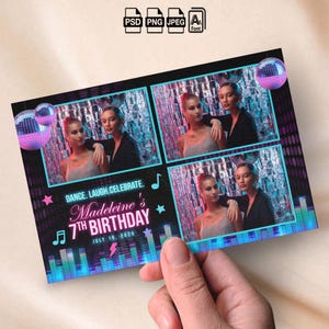 Op de afbeelding: Een rechthoekige verjaardagsuitnodigingskaart met drie fotokaders van twee personen tegen een zilveren franjeachtergrond. Het ontwerp bevat neonblauwe tekst met DANCE. LAUGH. CELEBRATE. Madeleine's 7TH BIRTHDAY JULY 18, 2026, discoballen en een kleurrijke geluidsequalizer-afbeelding.
