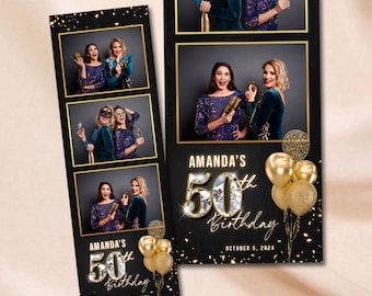 Plantilla para fotomatón de cumpleaños, color negro con globos dorados y plateados, superposición de tiras de fotos de 2 x 6 Plantilla para fotomatón de quinceañera en color negro y dorado
