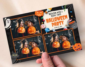 May include: A black photo booth backdrop with four photo slots. Each slot has a black border and a white interior. The backdrop is decorated with Halloween-themed graphics, including pumpkins, ghosts, candy, and a cauldron. The text "Nutrition with a Native Twist Halloween Party" is at the top of the backdrop, with the date "October 26, 2024" below it.