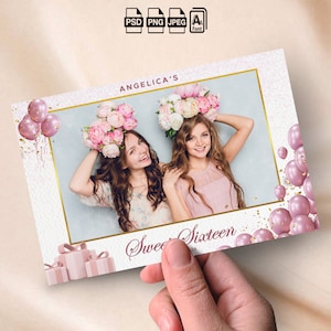 Birthday Photobooth Template Rose Gold glitters Pink balloons 4x6 Overlay Sweet 16 Photo Booth Template 18th Birthday Party Pink Quinceanera