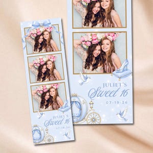 Może przedstawiać: Dwa pionowe paski fotograficzne z jasnoniebieskim tłem, zawierające ilustracje karety, gołębi i szklanego pantofelka. Tekst głosi Juliet's Sweet 16 oraz 07-19-26. Każdy pasek zawiera trzy ramki przedstawiające dwie osoby w kwiatowych wiankach.