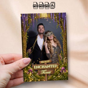 May include: A digital photo booth template featuring an enchanted forest theme with purple hanging wisteria, glowing fairy lights, and green foliage. The design includes a wooden sign with the text 02-14-27 ENCHANTED Forest and file icons.