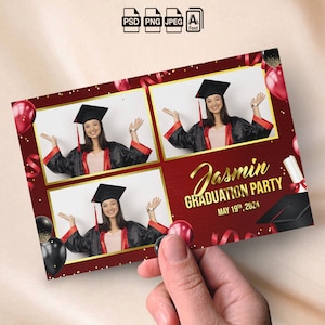 Peut inclure: Une toile de fond de photomaton de graduation rouge et or avec trois bandes de photos. La toile de fond présente un fond rouge avec des confettis dorés, des ballons rouges et noirs et des rubans dorés. Les bandes de photos sont bordées d'or et présentent un diplômé portant une toge et un bonnet noirs. Le texte "Jasmin GRADUATION PARTY MAY 19th, 2024" est imprimé en or au bas de la toile de fond.