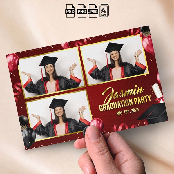 Graduation Photobooth Template Class of 2024 Photo Booth Template Red Black Gold 4x6 Photo Strip Graduation Party Photo Booth Overlay Prom