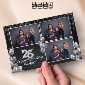 May include: A black and silver 25th birthday card with four photo frames. The card features the text "25th Happy Birthday Kimberly" and silver balloon graphics. The photos show two women holding gifts.