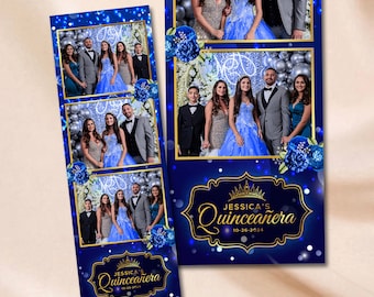 Royal Blue Photobooth Template Birthday Navy Blue Quinceañera Photo Booth Template 2x6 photo strip Gold with Glitters Photo Overlay Sweet 16