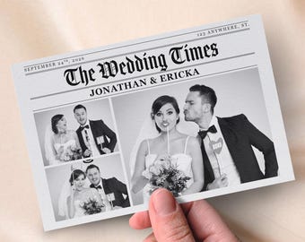 May include: A black and white wedding invitation template titled The Wedding Times, featuring three photo placeholders of a couple. The design includes the text September 24th, 2026, Jonathan & Ericka, and 123 Anywhere, St. Icons for PSD, PNG, JPEG, and Font are at the top.