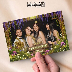 May include: A digital photo booth template featuring an enchanted forest theme with purple hanging wisteria, mossy ground, glowing mushrooms, and a wooden sign that reads ENCHANTED Forest with the date 02-14-27, displaying three people posing.