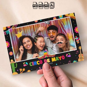 Fiesta verjaardag Photobooth Mexicaanse Papel Picado Photo Booth sjabloon zwart en kleurrijk 4 x 6 fotostrip Cinco de mayo overlay Mexicaanse partij