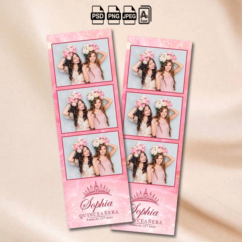 May include: Pink photo booth strip with a sparkly background. The strip has six photo slots and a pink crown with the text "Sophia Quincea&ntilde;era February 10th 2024".