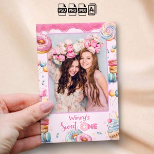 Modèle Sweet One Photobooth Sweets Candy Land anniversaire 4 x 6 carte postale superposition Photomaton rose pastel Desserts Celebration Baby Shower Party
