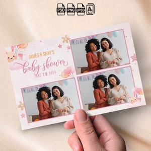 Pode incluir: Um cartão de convite para chá de bebé segurado por uma mão. O cartão apresenta um design rosa e branco com o texto "James & Shay's baby shower June 18 2024". Inclui quatro molduras com duas mulheres em cada moldura e elementos decorativos.