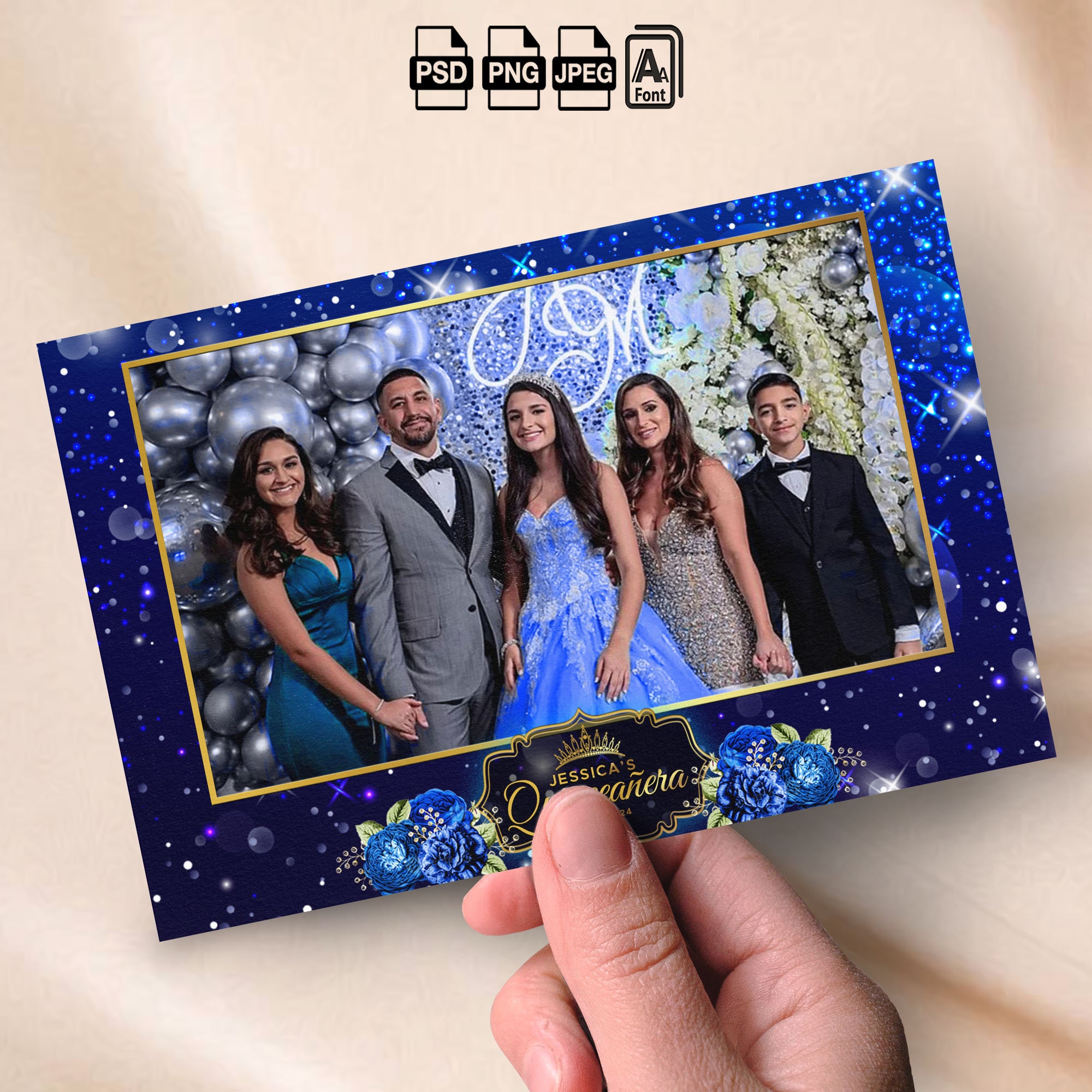 Royal Blue Photobooth Template Quinceanera Photo Booth Template glitters 4x6 Photo Strip Sweet 16 Mirror Booth Overlay 18th Birthday wedding