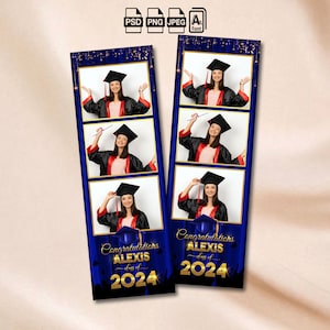 Afstuderen Photobooth sjabloon klasse van 2024 Photo Booth sjabloon 2x6 fotostrip blauw zwart goud afstuderen partij Photo Booth Overlay Prom