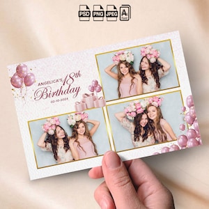 Könnte beinhalten: Ein rosa-goldener Fotobooth-Hintergrund mit vier Fotoschlitzen. Der Hintergrund hat einen glitzernden Hintergrund mit rosa Ballons und Konfetti. Der Text "Angelica's 18th Birthday 02-10-2024" befindet sich oben auf dem Hintergrund.