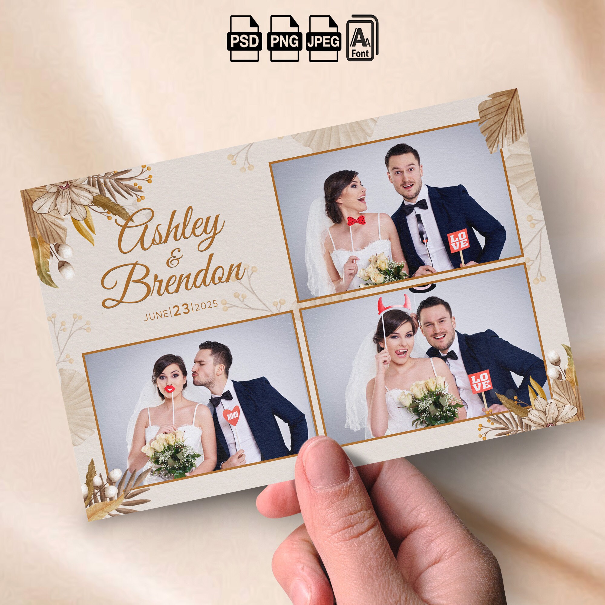 Wedding Photobooth Template Boho Bohemian Photo booth Template 4x6 photo strip Boho chic Wedding floral vintage wedding earthy beige wedding