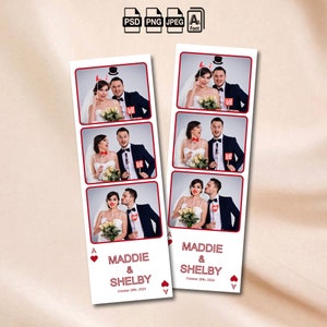 Plantilla de fotomatón de boda con temática de casino, tira de fotos de 2 x 6 con superposición de cartas de póquer de Las Vegas, plantilla de fotomatón de boda minimalista en rojo