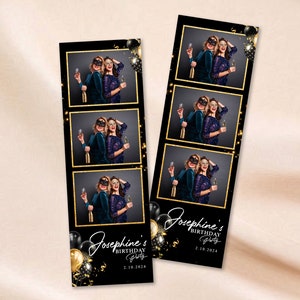 May include: A black and gold photo booth strip with five photos of two people wearing masks and holding champagne glasses. The text "Josephine's Birthday Party 2.10.2024" is at the bottom of the strip.