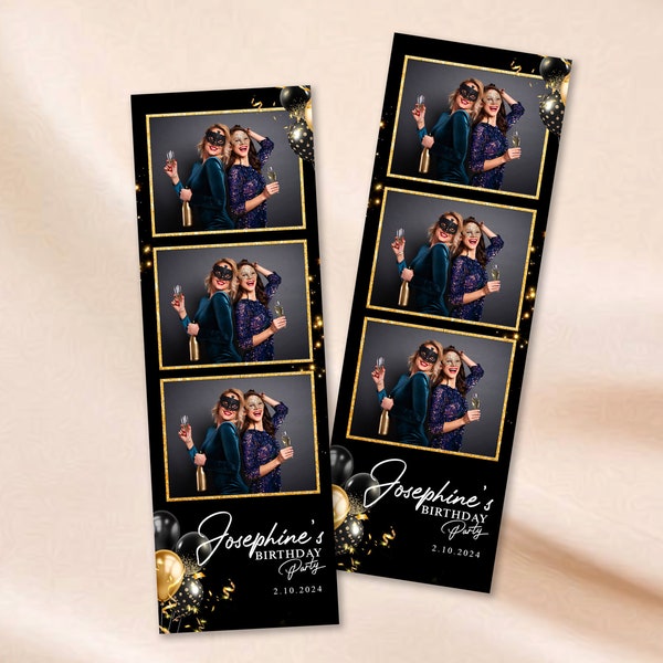 Birthday Photobooth Template Black with Gold and Silver balloons 2x6 photo strip Overlay Sweet 16 Photo Booth Template Black Gold Birthday