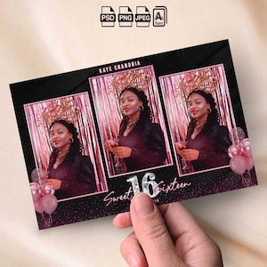 Birthday Photobooth Template Sweet 16 Photo Booth Black Pink glitters 4x6 Strip Quinceanera Mirror Booth Overlay Elegant Diamond Anniversary