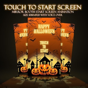 Può includere: Un display digitale a tema Halloween con la scritta "TOUCH TO START SCREEN". Il design presenta zucche intagliate, pipistrelli e sagome di case e alberi su uno sfondo arancione. Sono visibili anche le parole "HAPPY HALLOWEEN".
