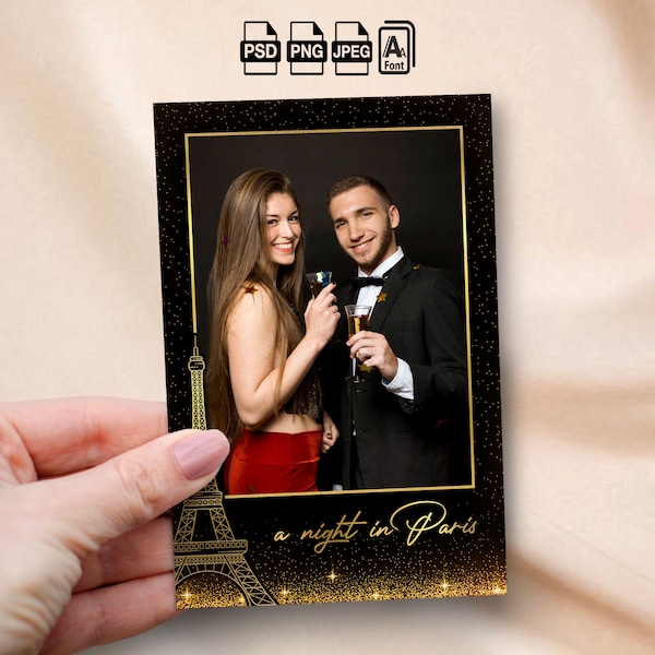 A Night in Paris Photobooth Template Black and Gold Glitters 4x6 Photo Strip Prom Night Photo Booth Overlay School Dance Paris Theme Party