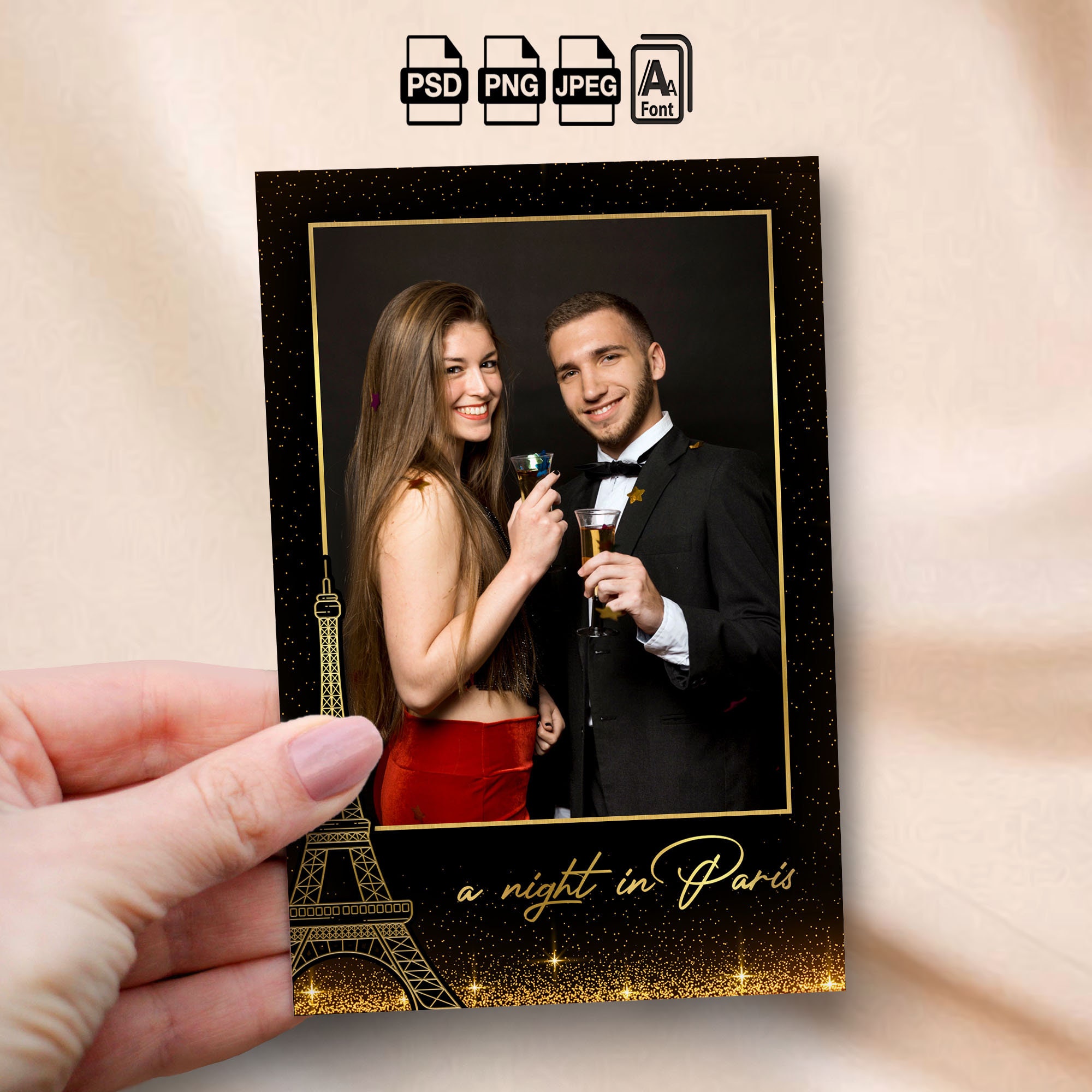 A Night in Paris Photobooth Template Black and Gold Glitters 4x6 Photo Strip Prom Night Photo Booth Overlay School Dance Paris Theme Party
