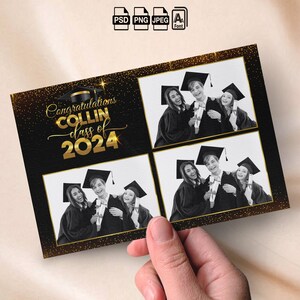 Modèle de photomaton noir et or pour l'obtention du diplôme Carte postale 4 x 6 élégante et élégante Modèle triple photomaton pour l'obtention du diplôme, superposition de photos