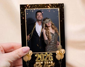 Plantilla de fotomatón de Año Nuevo con globos negros, dorados y plateados y brillos de 4 x 6, superposición de espejo para cabina, marco de fotos de fin de año 2026, Nochevieja dorada