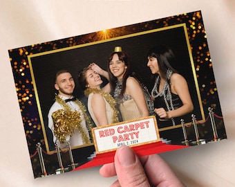 Modèle de photomaton tapis rouge, superposition de photomaton pour fête hollywoodienne, bandes 4 x 6, noir avec or et rouge, soirée cinéma, bal de promo, gala, anniversaire, élégant