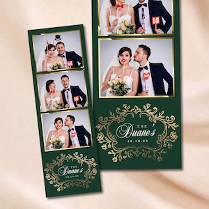 Puede incluir: Una tira de cabina de fotos verde con detalles dorados. La tira tiene tres ranuras para fotos con imágenes de una pareja en varias poses. La parte inferior de la tira tiene un marco dorado adornado con el texto "The Duane's 10.18.24".