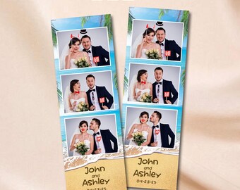 May include: Two photo booth strips featuring a couple at a beach-themed wedding. Each strip has four photos, with the couple posing and kissing. The bottom section of each strip has the names "John and Ashley" and the date "09-23-25".