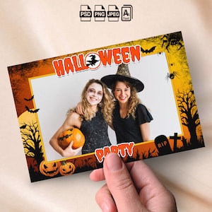 Halloween Photobooth Template Pumpkin Party Photo Booth Template Black and Orange Landscape 4x6 Photo Strip Mirror Photo Booth Overlay Scary
