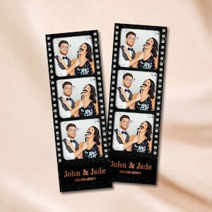 May include: Black and white photo booth strip with four photos of a couple wearing silly props. The strip has a distressed look and says "John & Jade 06-08-2024" at the bottom.