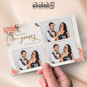 Modèle de photomaton de mariage Carte postale florale avec fleurs roses et verdure Modèle de photomaton 4 x 6 Bande photo Boho, Cadre photo de mariage en superposition