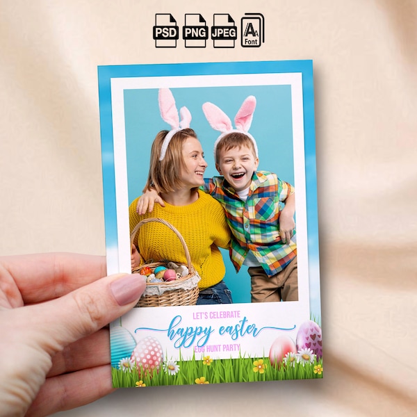 Happy Easter Photobooth Template Easter Sunday Photo Booth Overlay 4x6 Photo Strip Bunny Egg Hunting Photo postcard Easter birthday Party