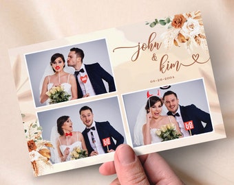 May include: A wedding photo card featuring four photos of a couple, with the names "John & Kim" and the date "08-26-2004" printed on the card. The card has a beige and brown floral design.