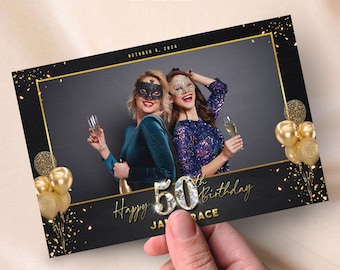 Plantilla para fotomatón de cumpleaños, color dorado y negro, con globos y purpurina, tira de fotos de 4 x 6, superposición elegante para bodas, cumpleaños de 16 y 18 años