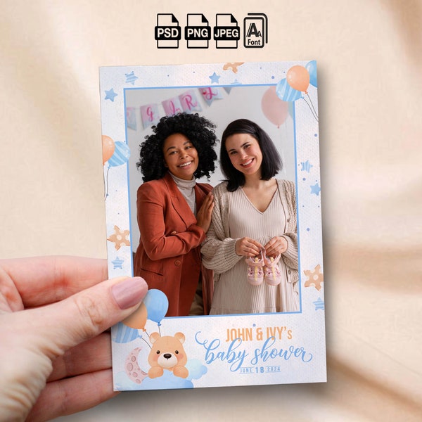 Baby Shower Photobooth Template Boy Babyshower Photo Booth Template 4x6 Strip Oh Baby Party PhotoBooth Overlay Teddy bear 1st birthday blue